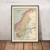 Mapa antiguo de Escandinavia de Bartholomew, 1871: Estocolmo, Copenhague, Oslo, mar Báltico, Montes Escandinavos 