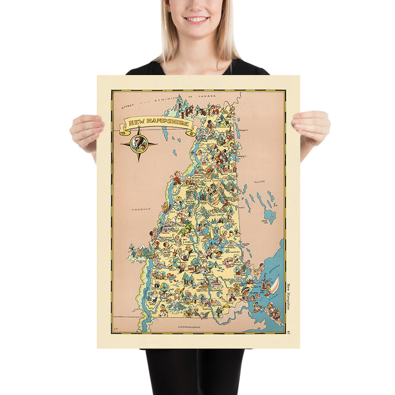 Pictorial Map of New Hampshire by Ruth Taylor White, 1935: Manchester, Nashua, Concord, Lakes, Mountains