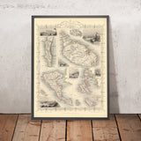 Antiguo mapa del Imperio Británico en el Mediterráneo, 1851: Gibraltar, Malta, Corfú, Zante, etc. 