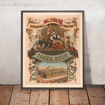 A framed image of Jos. Schlitz Brewing Company Vintage Lager Beer Poster, 1878