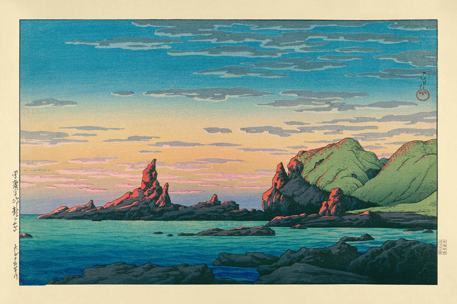 Costa al tramonto e rocce di Hasui Kawase, 1935 