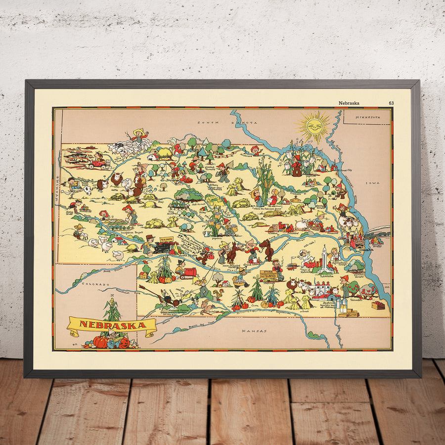 Mappa Pittorica del Nebraska di Ruth Taylor White, 1935: Omaha, Lincoln, Fiume Platte, Sandhills, Ferrovie 