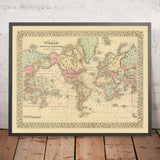 Old Mercator World Map Centered on America by Mitchell, 1882