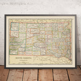 Alte Karte von South Dakota, 1925: Sioux Falls, Rapid City, Black Hills, Badlands, Missouri River 
