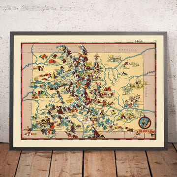 Carte picturale du Colorado par Ruth Taylor White, 1935 : Denver, Montagnes Rocheuses, Pikes Peak, Mesa Verde, Grandes Dunes de Sable 