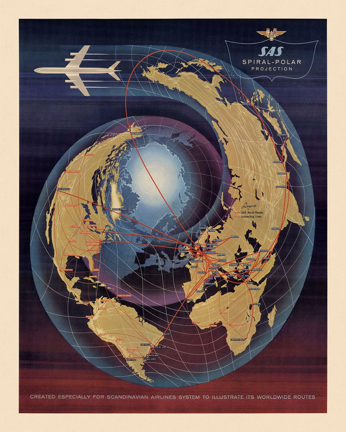 Alte Weltkarte, Polarprojektion der Fluggesellschaften von SAS, 1960: Spiraldesign, globale Routen, Luftfahrtzeitalter.