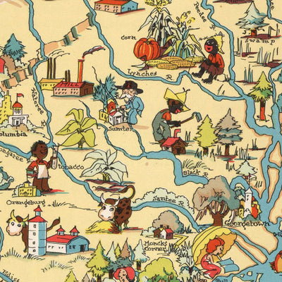 Pictorial Map of South Carolina by Ruth Taylor White, 1935: Columbia, Charleston, Greenville, Atlantic Coast, County Borders