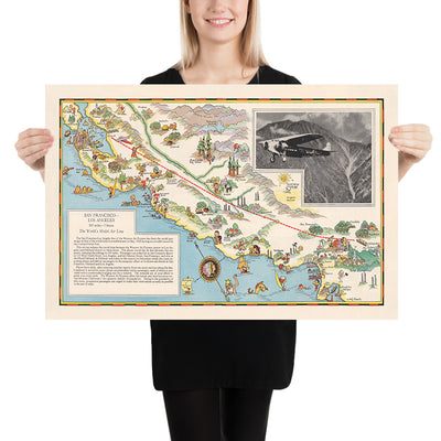 Old Pictorial Map of San Francisco–Los Angeles Air Route, 1929: Yosemite, Lake Tahoe, Monterey Bay, Grapevine Pass, Central Valley