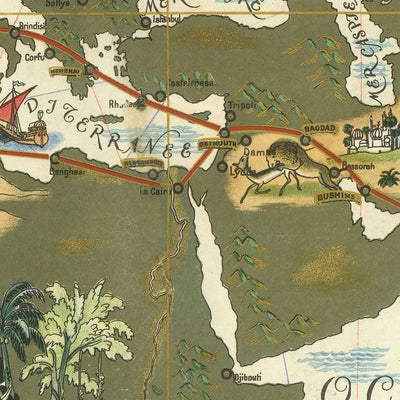 Old Air France Route Map by Boucher, 1939: Pictorial Early Aviation World Chart