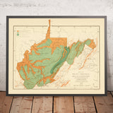 Alte Forstkarte von West Virginia von Sargent, 1882: Charleston, Huntington, Ohio River, Alleghenies, Spruce Knob 