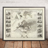 Mapa antiguo del Viejo Mundo de la distribución de aves por Johnston, 1856: Zonas biogeográficas, mapa de aves europeas 