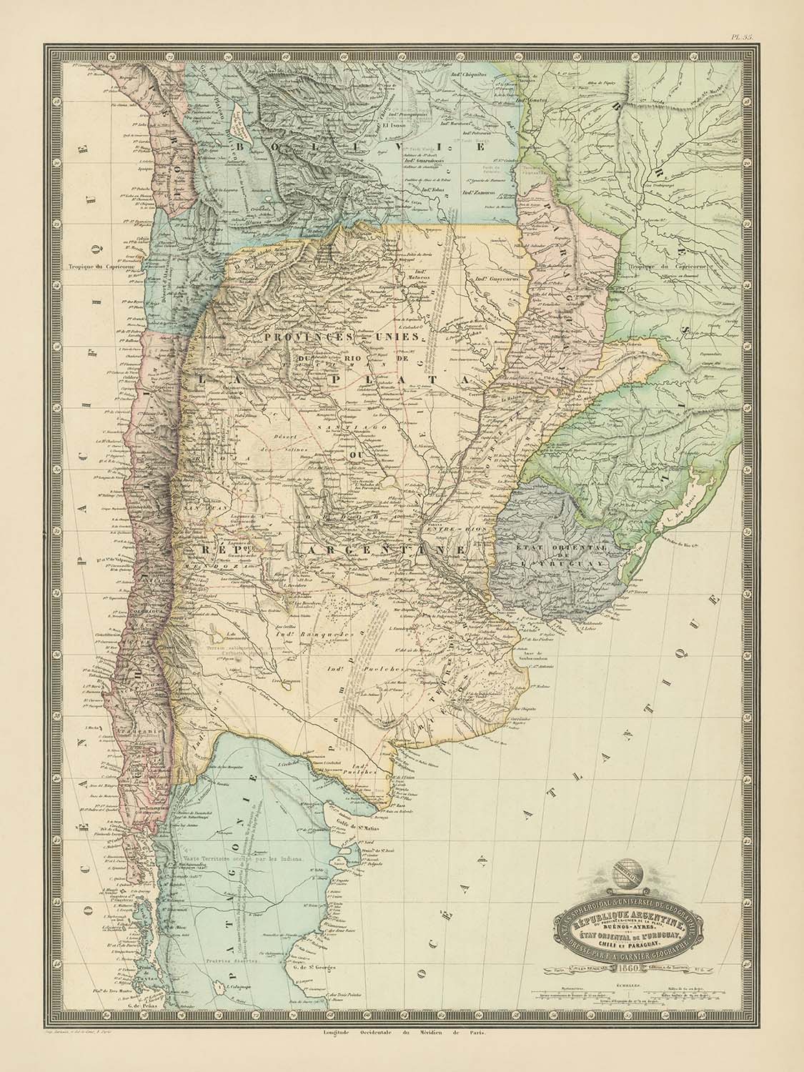 Old Map of Argentina, Chile, Uruguay & Paraguay by Garnier, 1860: Buenos Aires, Andes, Patagonia, Montevideo, Rio de la Plata