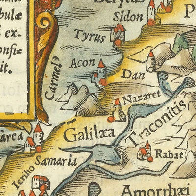 Mapa antiguo de Chipre y Tierra Santa de Münster, 1554: Jerusalén, Monte Sinaí, Medina, barcos de vela, Montes Tauro.