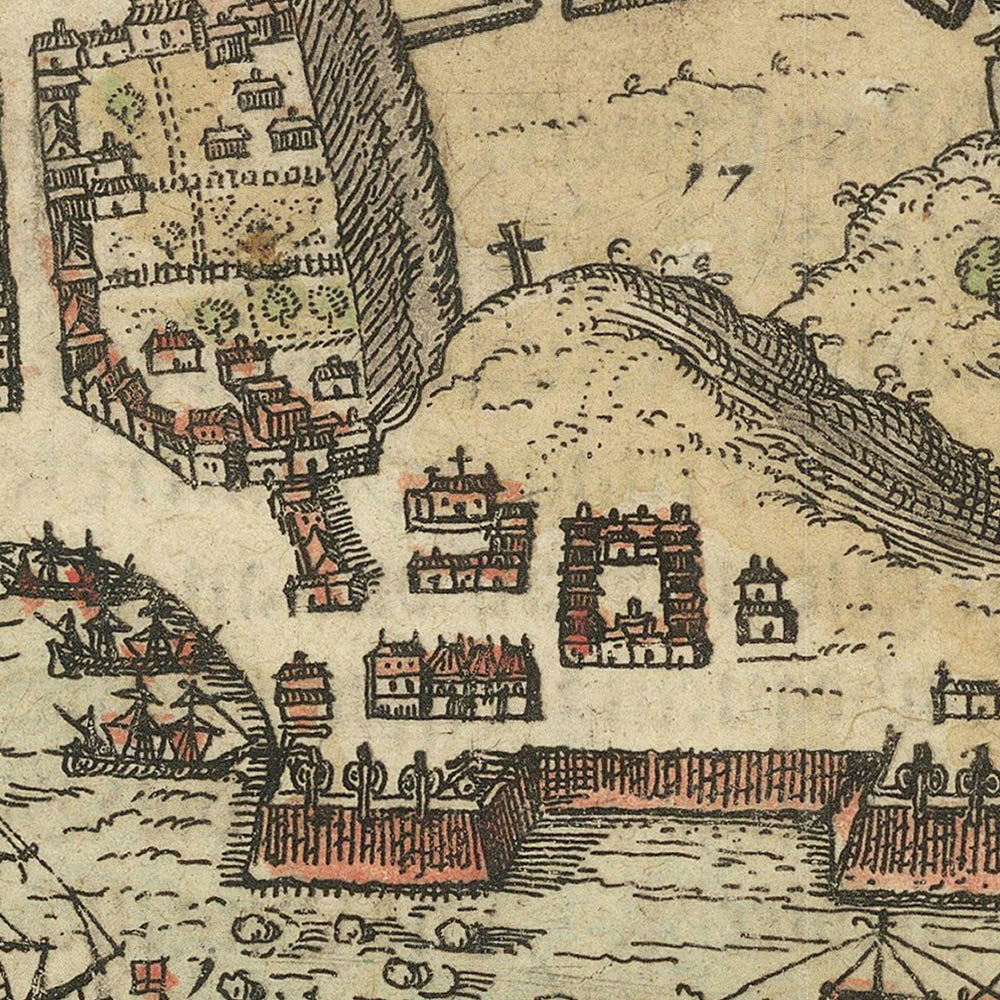 Sir Francis Drake's Attack on Santiago by De Bry, 1599: Battle Map, Fleet, Troops, Fortifications