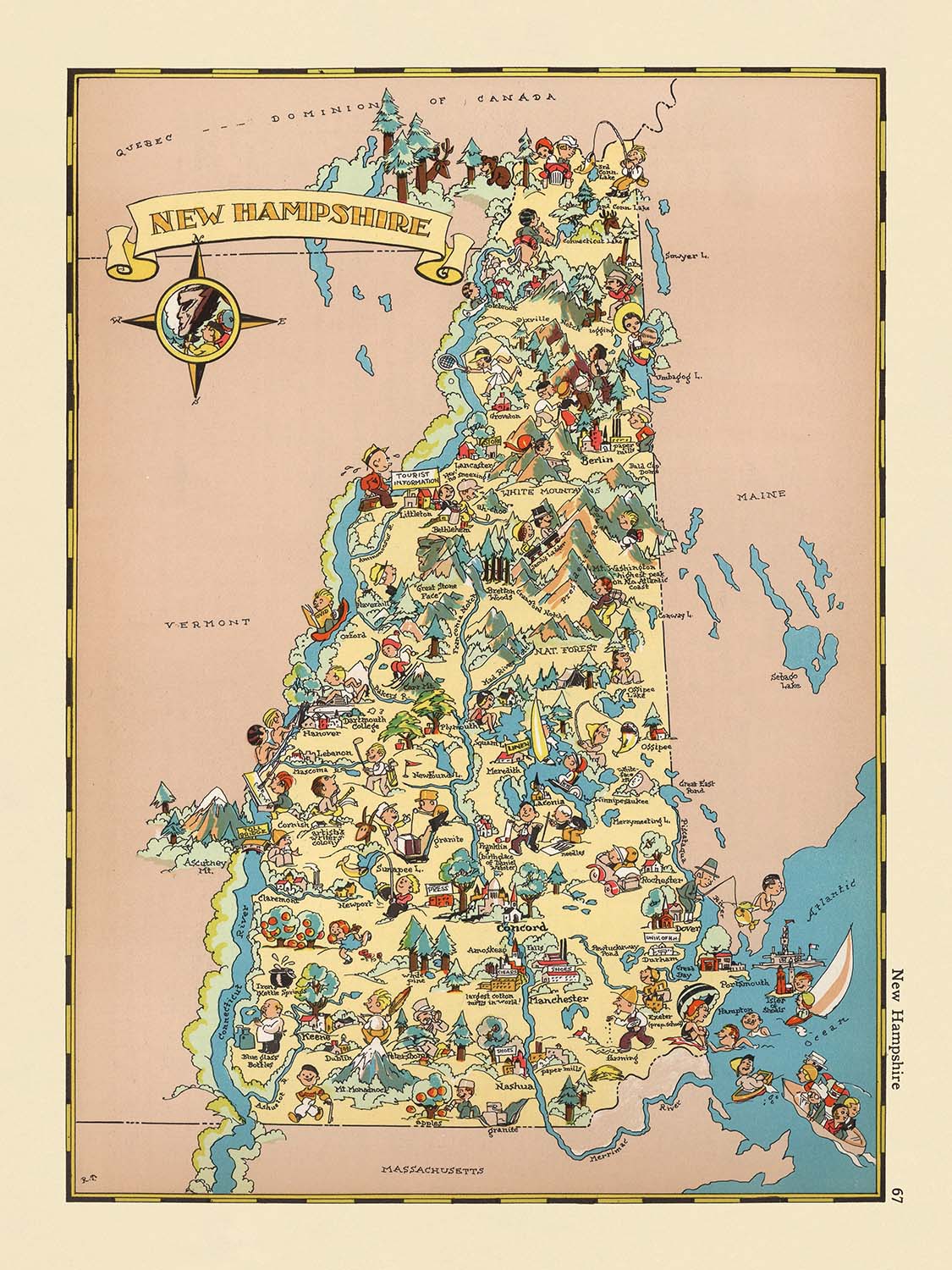 Pictorial Map of New Hampshire by Ruth Taylor White, 1935: Manchester, Nashua, Concord, Lakes, Mountains