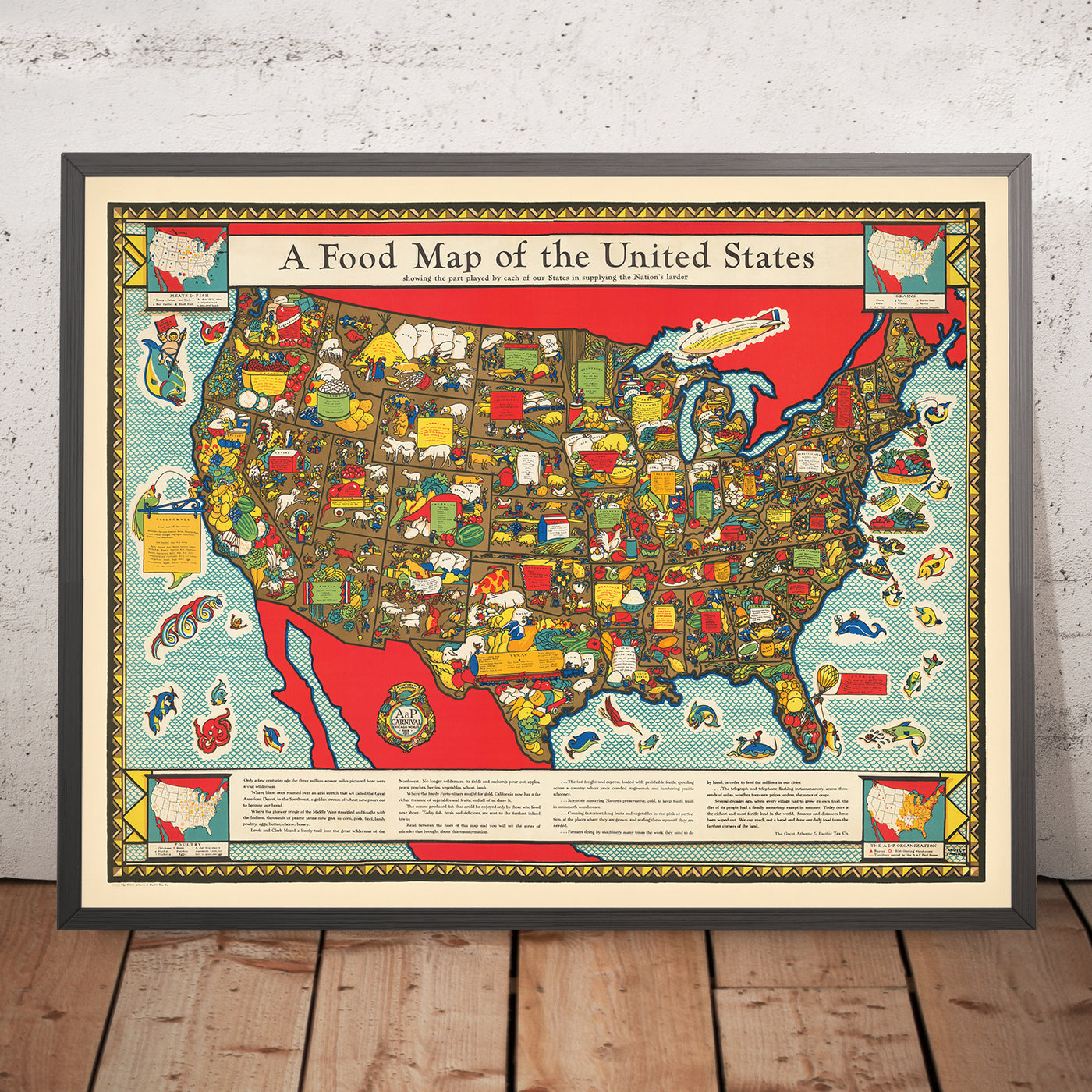 Old Food Map of the USA, 1932: Poultry, Agriculture, Meats, Fish, Sea Creatures