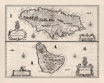 Alte Karte von Jamaika und Barbados von Speed, 1676: Port Royal, Bridgetown, Berge, Schiffe, Kartuschen