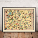 Mapa pictórico de Wyoming de Ruth Taylor White, 1935: Yellowstone, Grand Teton, Divisoria Continental, cordillera Wind River, montañas Bighorn 