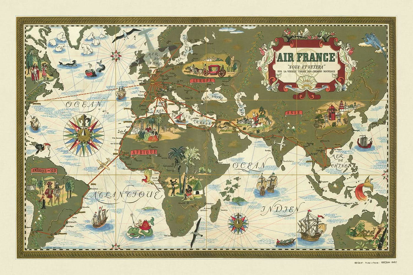 Old Air France Route Map by Boucher, 1939: Pictorial Early Aviation World Chart