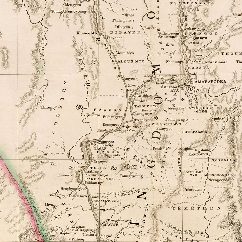 Mapa antiguo de Myanmar de Arrowsmith, 1857: Irrawaddy, Salween, Yangon, Mandalay y montañas Arakan