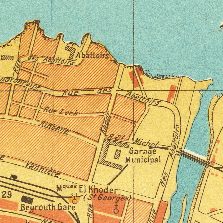 Mappa antica di Beirut, Libano 1949: Hotel Normandy, Ippodromo, Foresta di Pini, Porto di Beirut, Linee Ferroviarie 