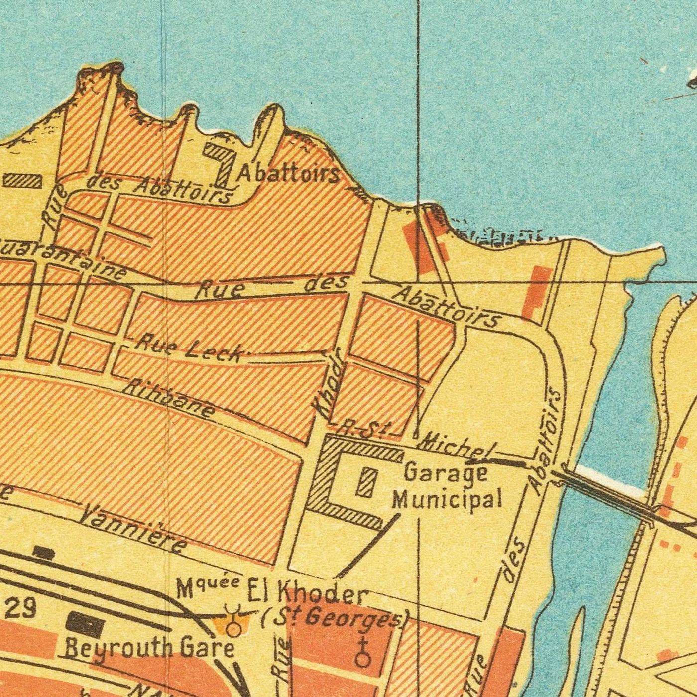 Alter Stadtplan von Beirut, 1949: Hotel Normandy, Hippodrom, Kiefernwald, Hafen von Beirut, Eisenbahnlinien