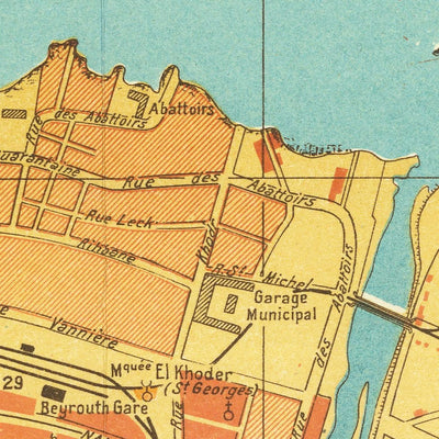 Alter Stadtplan von Beirut, 1949: Hotel Normandy, Hippodrom, Kiefernwald, Hafen von Beirut, Eisenbahnlinien