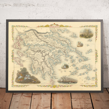Old Map of Greece & Ionian Isles by Tallis, 1851: Athens, Mt. Olympus, Temple of Jupiter, Aegean
