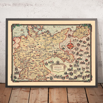 Alte bildliche Karte von Deutschland von Chase, 1935: Berlin, München, Nordsee, Sehenswürdigkeiten, Luftschiffe 