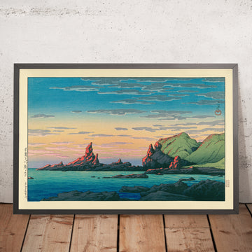 Ein gerahmtes Bild von Sunset Coast and Rocks von Hasui Kawase, 1935