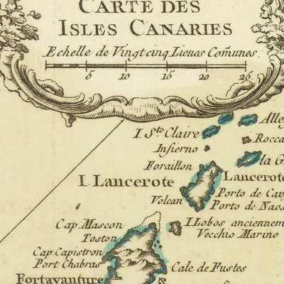 Alte Karte der Kanarischen Inseln von Bellin, 1764: Las Palmas, Santa Cruz, Berge, nautische Elemente, Kartusche