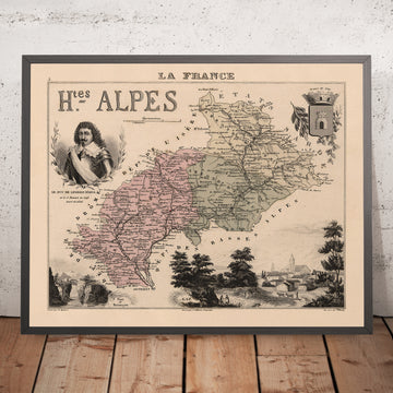 Antica mappa delle Hautes-Alpes di Vuillemin, 1869: Gap, Briançon, Embrun, cime alpine, stemmi 