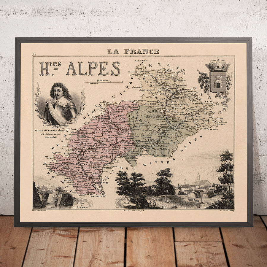 Antica mappa delle Hautes-Alpes di Vuillemin, 1869: Gap, Briançon, Embrun, cime alpine, stemmi 