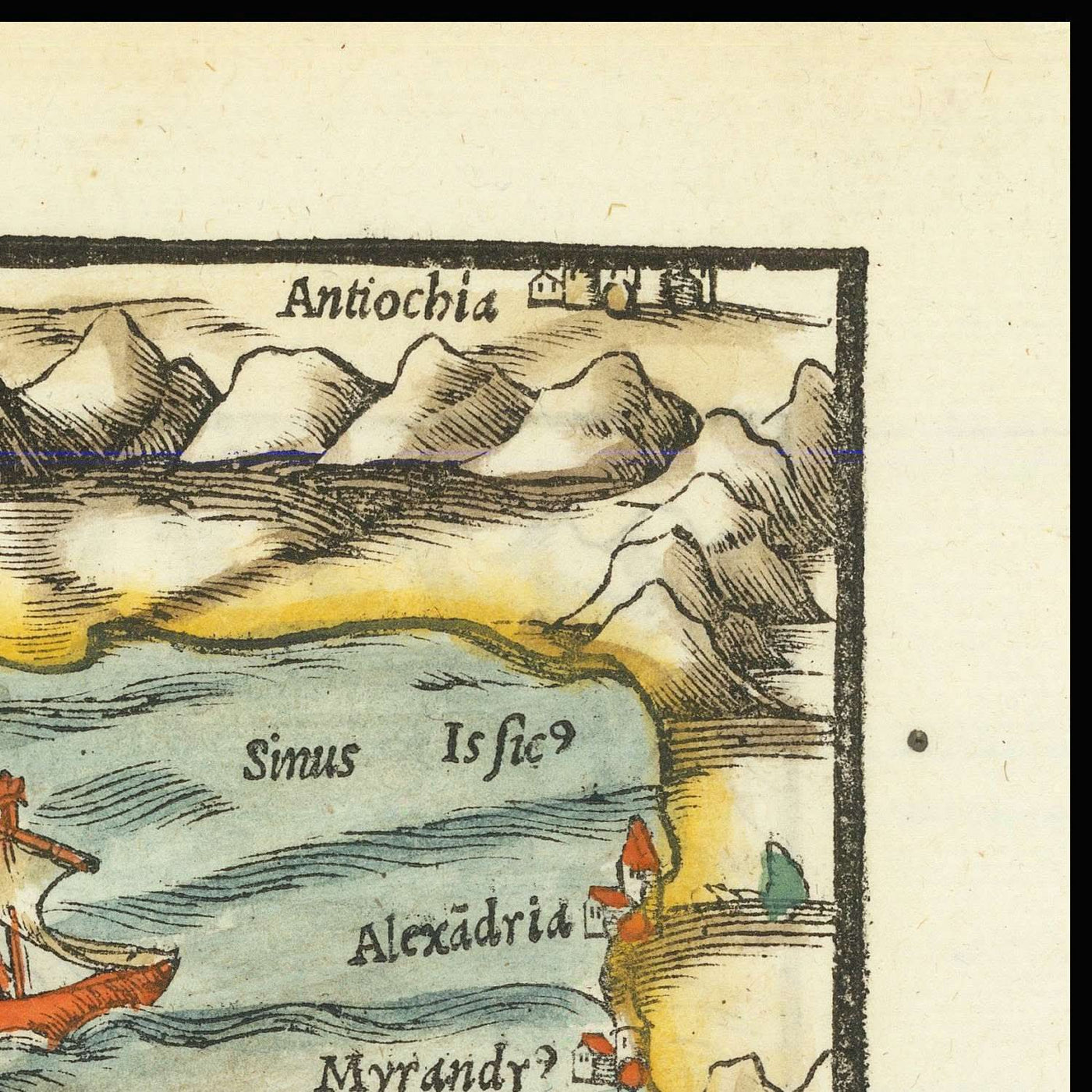 Mapa antiguo de Chipre y Tierra Santa de Münster, 1554: Jerusalén, Monte Sinaí, Medina, barcos de vela, Montes Tauro.