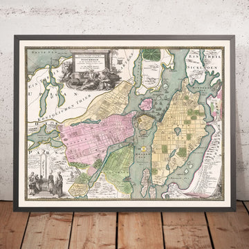 Mapa antiguo de Estocolmo de Homann, 1720: Palacio Real, Riddarholmen, Mälaren, Djurgården, Skeppsbron