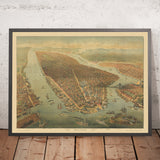Ancienne carte Birdseye de New York par Wachsmuth, 1898 : Broadway, Central Park, Pont de Brooklyn, Île du Gouverneur 