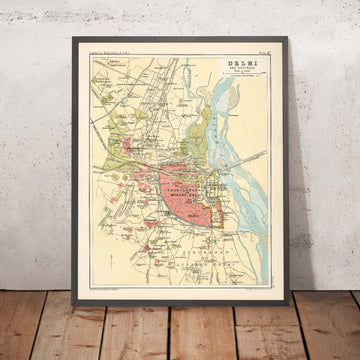 Old Map of Delhi by Bartholomew, 1893: Red Fort, Chandni Chowk, Jama Masjid, Kashmere Gate, Yamuna