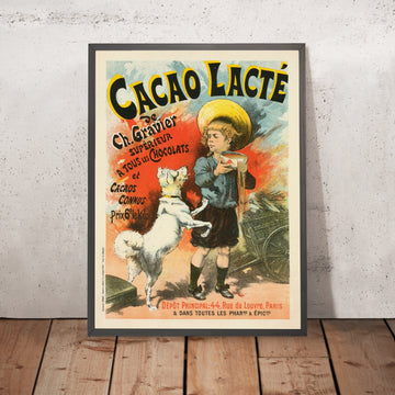 A framed image of Ch. Gravier Cacao Lacté Vintage Cocoa Poster by Lucien Lefèvre, 1896
