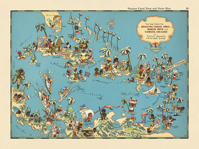 Pictorial Map of Caribbean & Central America by Ruth Taylor White, 1935: Panama Canal, Puerto Rico, Havana, San Juan, Santo Domingo