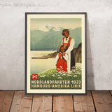 Affiche de voyage Norvège : Nordlandfahrten par Hamburg-Amerika Linie, 1933 
