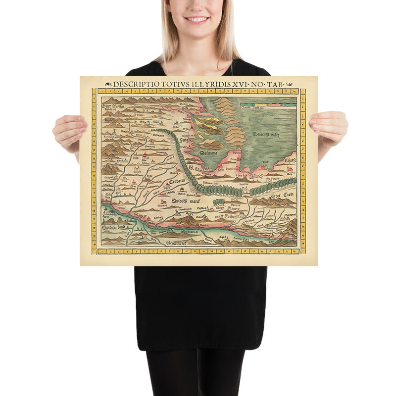 Antica mappa rara di Croazia e Slovenia di Münster, 1552: fiume Drava, costa adriatica, Zara, confini ottomani, montagne 