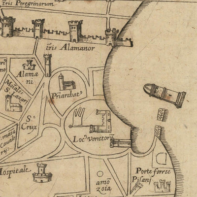 Mapa antiguo de Acre de Vesconte, 1611: Templarios, Hospitalarios, Portus Pisani, Torres, Iglesias