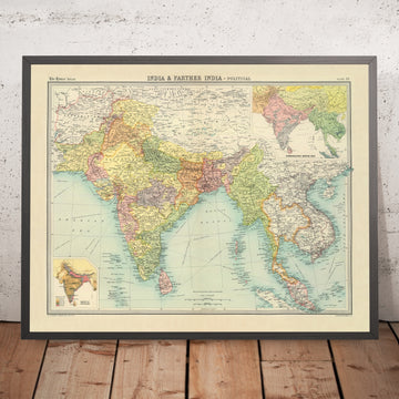 Antiguo mapa político de India y el Sudeste Asiático de Bartholomew, 1922: Bombay, Delhi, Rangún, Bangkok, Colombo 