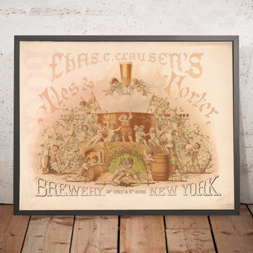 A framed image of Chas. C. Clausen’s Vintage Ales and Porter Poster by Moritz Ulffers, 1877