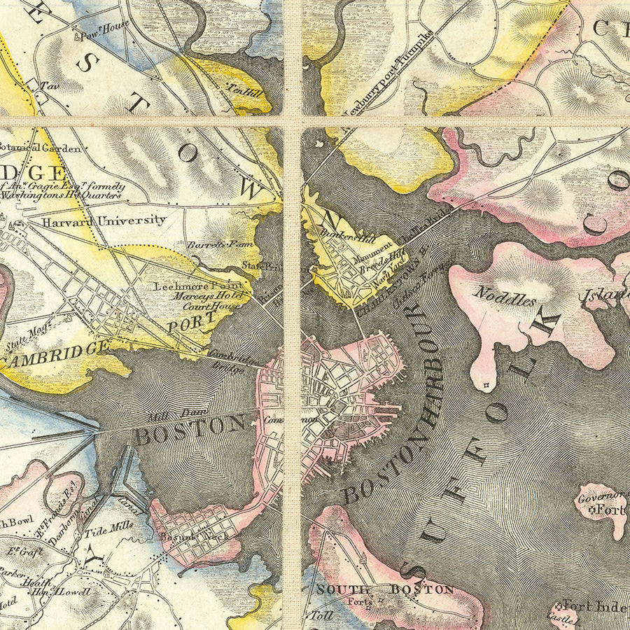 Prima grande mappa antica della Grande Boston di Hales, 1819: Cambridge, Salem, Harvard, Boston Sound 