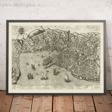 Ancienne carte picturale de Gênes par Duchetti, 1584 : Port, Laterna, Bateaux 