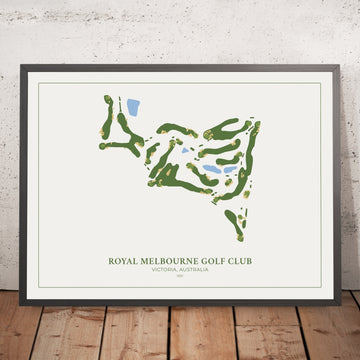 A framed image of Royal Melbourne Golf Club in the style of a simple and modern golf course map