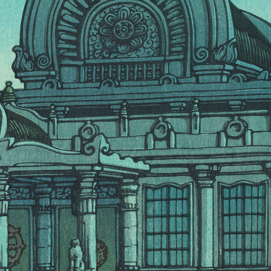 Luna de la tarde en el Templo Honganji en Tsukiji por Hasui Kawase 1935 