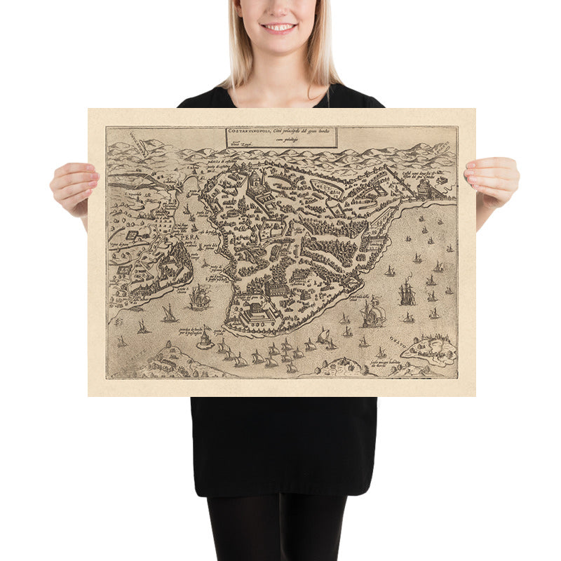 Ancient Bird’s Eye Map of Istanbul by Zenoi, 1572: Hagia Sophia, Topkapi Palace, Hippodrome, City Walls, Golden Horn