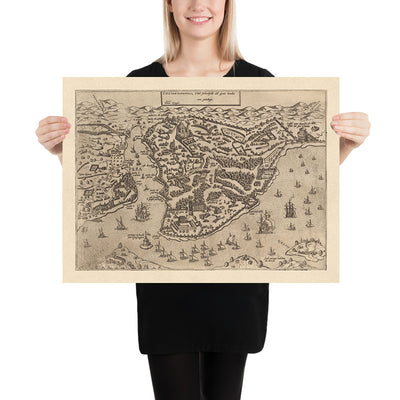 Ancient Bird’s Eye Map of Istanbul by Zenoi, 1572: Hagia Sophia, Topkapi Palace, Hippodrome, City Walls, Golden Horn